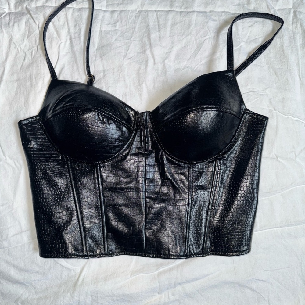 Black Faux Leather Bustier Top